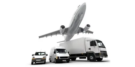 Airplane and moving trucks representing international air and ground transport